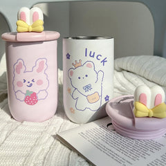 Kawaii Bear Rabbit Vacuum Water Bottle Cute Stainless Steel Coffee Tea Beer Thermal Cup With Lid  Strap Drinking Cup For Girl