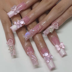 YICKYUE  -  24Pcs Artificial Nails Set with Glue Long Coffin Press on False Nails Wearable Ballet Fake Nail Butterfly Flower Design Manicure