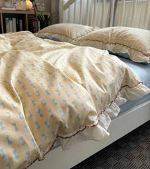 YICKYUE   -  Fashion kawaii bow yellow blue bedding set,twin full queen fairyfair cute cotton home textile bed sheet pillow case quilt cover