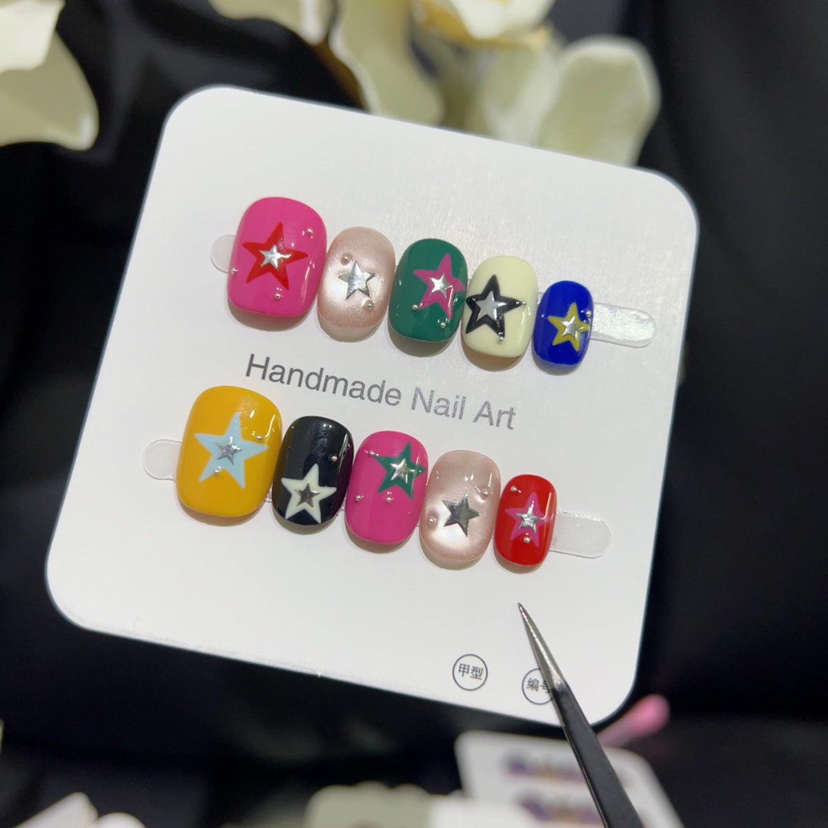 YICKYUE  -  10pcs Handmade Short Press On Nails Cute Cartoon Colorful Star Design Y2K Sweet Cool Fake Nail Wearable Nails Art Tip Spicy Girl
