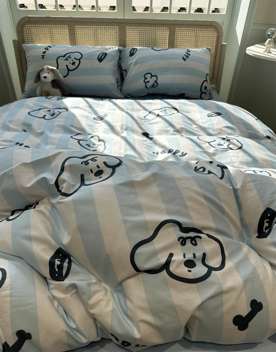 YICKYUE  -  Fashion cute cartoon dog blue stripes bedding set kid teen,twin full queen cotton home textile bed sheet pillow case quilt cover