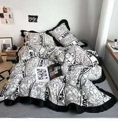 YICKYUE  -  Korean-style inset style sketch flower matted quilt cover lace four-piece set single bedroom sheet quilt cover washed cotton