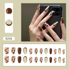 24Pcs/Set French Rhombus Designs False Nail Full Cover Fake Nails with Glue Detachable Wearable DIY Manicure Nail Art Tools