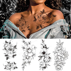 YICKYUE  -  40 Different Styles Black White Rose Peony Tattoo Stickers Waterproof Temporary Sketch Flower Simple Tattoo Sticker for Women