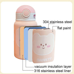 Cute Bear Stainless Steel Insulated Water Bottle Thermos With Strap Straw Cover For Children Girl School Tea Drinking Cup Gift