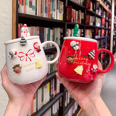New 450ml Christmas Mug With Tree Elk 3D Sticker Spoon Cartoon Large Ceramic Water Breakfast Coffee Cup With Lid And Spoon Gift