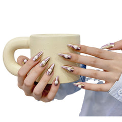 YICKYUE -  10PCS Handmade Sparkle Almond Ballerina Press On Nails with Shimmering Cat Eye and 3D Heart Design Wearable Manicure Nail Tips