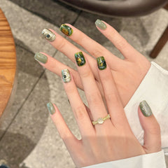 YICKYUE  -  10 pcs Luxury Shiny Handmade Press on Nails Short French Green Halo Dyeing Cat Eye Design Wearable Manicure Nail Tips Art