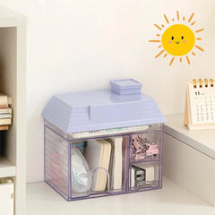 YICKYUE  -  Transparent Desktop Storage Box Creative Small House Pen Holder Student Kawaii Stationery Cosmetic Organizer Rack Drawer 3 Sold