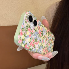 YICKYUE  -  Ins Full Screen Pink Yellow Rose Flowers Green Leaves Bracelet Phone Case for iPhone 16 15 14 13 Pro Max Back Cover Fund