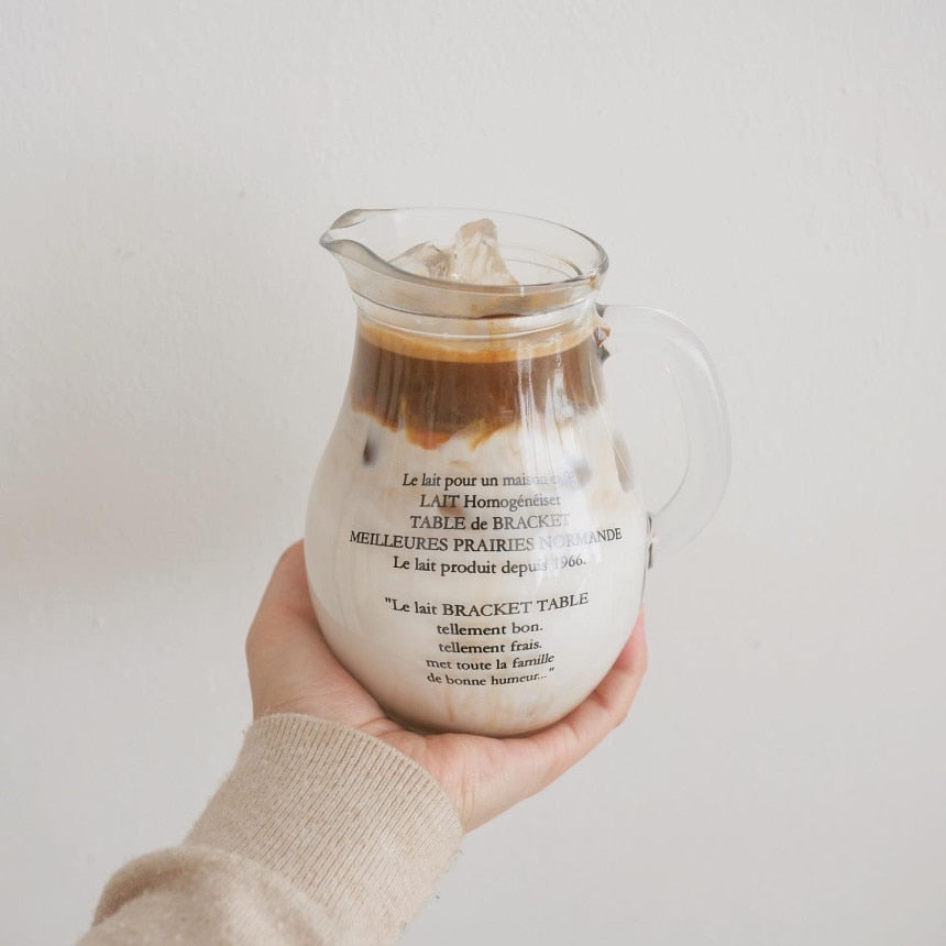 Korean Style Retro French Glass Pot Family Cafe Letter Cup Simple Large-capacity Glass Hip Flask Handle Milk Coffee Cup