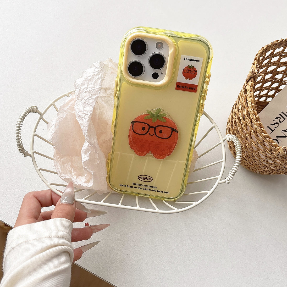 YICKYUE  -  Korean ins Cute 3D Eggplant Glasses Tomato Phone Case for iPhone 16 15 14 13 Pro Max Back Cover Fund