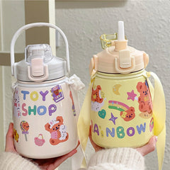 850ml Cute Stainless Steel Water Bottle Large Kawaii Thermos With Straw Strap Insulated Portable Juice Cup  Gift For Girl Kids