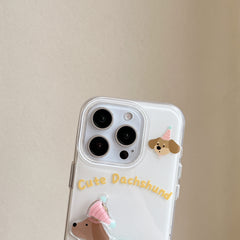 YICKYUE  -  Ins Cartoon 3D Patch Rotating Cute Sausage Dog Phone Case for iPhone 16 15 14 13 Pro Max Back Cover Fund