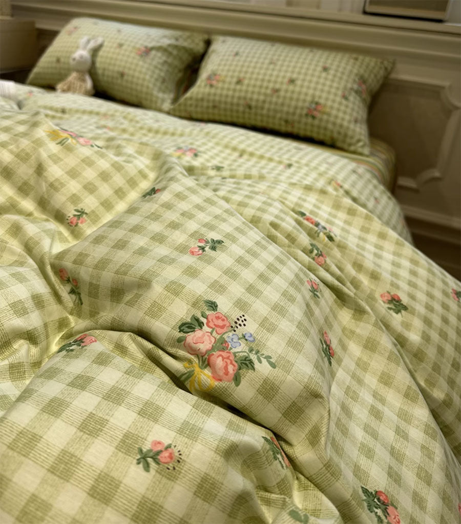 YICKYUE  -  Vintage stripes plaid flower bedding set teen,twin full queen king retro cotton home textile bed sheet pillow case quilt cover