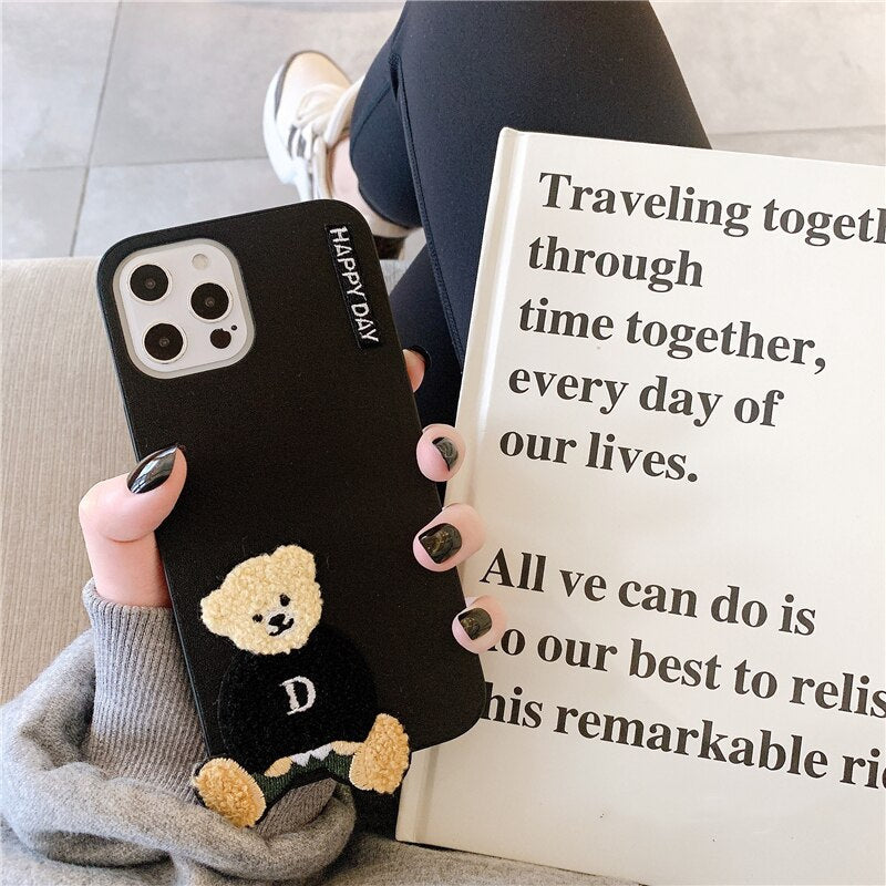 3D Japan teddy bear plush embroidery leather soft case for iphone 12 Pro Max 12 MiNi 11 Pro Max X XS XR 7 8 plus SE cover