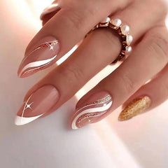 Yickyue 24Pcs Almond False Nails Black and White Glitter with French Design Wearable Fake Nails Full Cover Press on Nails Tips Manicure