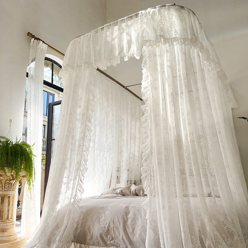 YICKYUE  -  Palace Mosquito Net with U-shaped Track Frame Romantic Lace Shading Bed Curtain Canopy Nets Three-door Bedcover Home Decoration