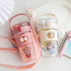 Yickyue 650ml Kawaii Water Bottle For Girl Portable Cute Sticker Kids Travel Tea Milk Cup With Straw Handler Outdoor Sports Plastic Cup