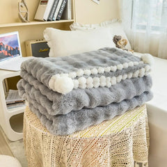 Yickyue Faux Fur Autumn Winter Warm Blanket with Plush Ball Edge High End Comfortable Warmth Blankets for Beds Sofa Blanket for Throw