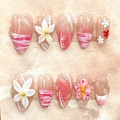 YICKYUE  -  10pcs Handmade Press on Nails Japanese Lily Flower Pink Almond False Nail Full Cover Wearable Hand Carving Korean Fake Nail Tips