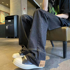 Hearujoy Backwards Wear Mens High Street Vibe Jeans Clean Fit Loose Straight Denim Pants Spring Summer Design Sense Trousers Unisex