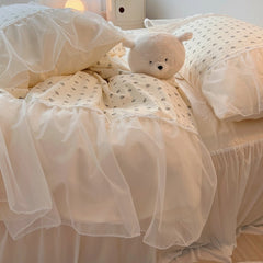Yickyue Princess Chiffon 100% Cotton Duvet Cover Set with Bed Skirt All Cotton Bedding Set Soft Little Floral Quilt Cover and Pillowcase