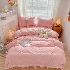 Yickyue New Korean Princess Style Bedding Set For Girls Solid Color Exquisite Ruffle Lace Pink Bed Skirt Duvet Cover Queen Pillow Case