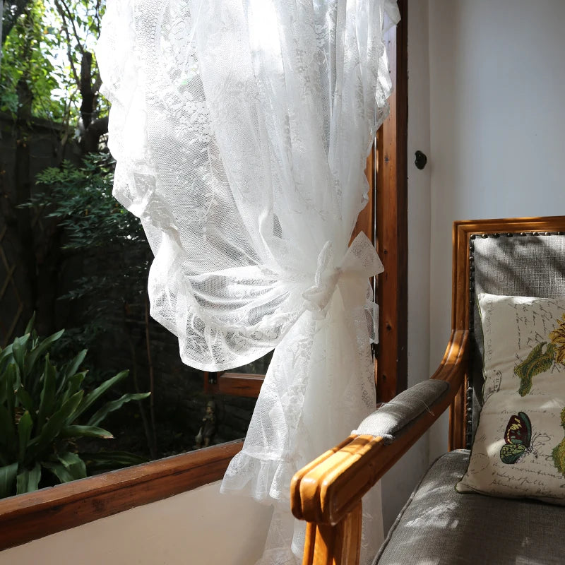 YICKYUE  -  Lace Curtains Sheer Panel Rose Floral Embroidery Ruffled Vintage Window Treatment for Nursery Bedroom and Living Room Rod Pocket
