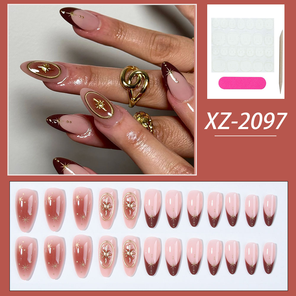 YICKYUE   -  24pcs French tip nail autumn/winter fake nails Gold Circle detachable acrylic nail smut Gold star Brown nail press nail Y2K Girl
