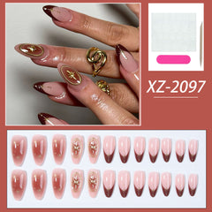 YICKYUE   -  24pcs French tip nail autumn/winter fake nails Gold Circle detachable acrylic nail smut Gold star Brown nail press nail Y2K Girl