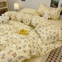 Yickyue INS Cream Style Bedding Set Duvet Cover Soft Queen Full Twin Size Floral Flat Bed Sheet Girls Pastoral Quilt Cover Pillowcase
