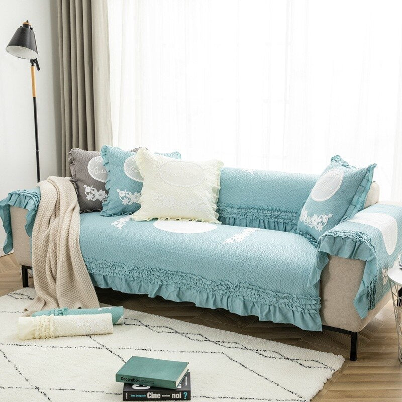 Flower Lace Fold style Sofa Cover Soft Solid Color Embossing Sofa Cover Armrest Lovely Towel Couch Covers for Sofas Living Room