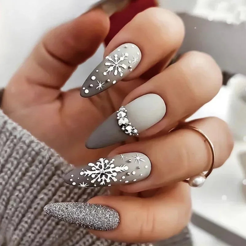 YICKYUE  -  Red Chic French Bowknot Snow Pattern Delicate Heart Nail Art Fake Nail Detachable Finished False Nails Press on Nails Christmas