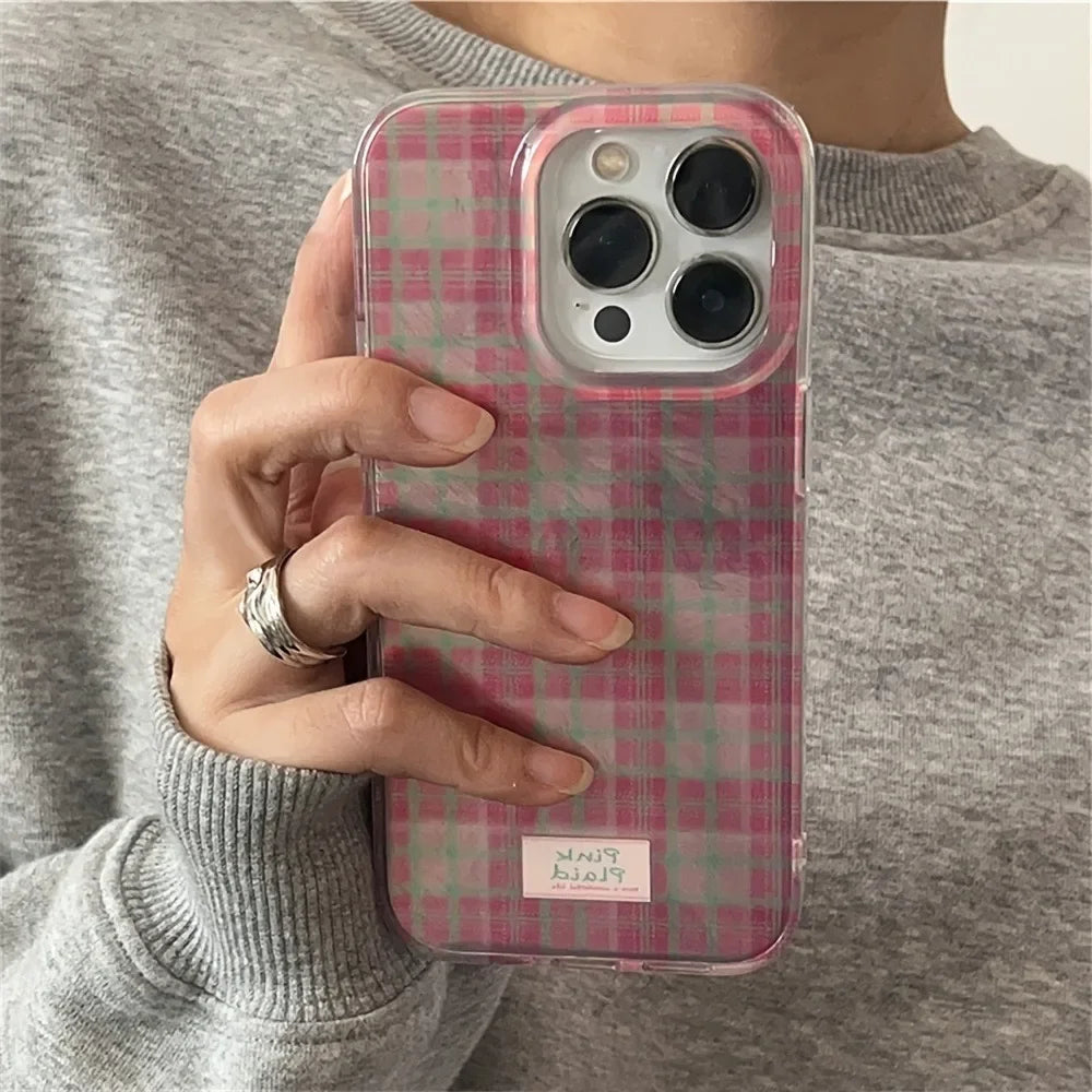 YICKYUE  For iPhone 16 15 14 13 12 11 Pro Max 7 8 Plus X XS Cute Dopamine Color Block Match Plaid Clear Phone Case Pink Tartan Soft Cover