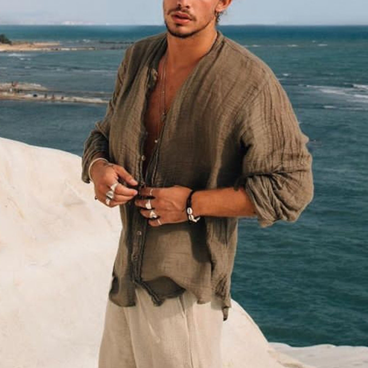 Hearujoy Vintage Men Loose Solid Shirts Stand Collar Long Sleeve Tops Spring Summer Casual Cardigan Retro Shirt Mens Clothes Streetwear