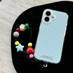 YICKYUE  -  Simplicity Blue Grid Pattern Geometric Decoration Pendant Phone Cover Case for iPhone 16 15 14 13 12 Pro Max