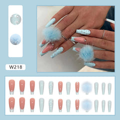YICKYUE  -  Blue Furry Ball Cute Press on Nails Wearing Armor Ballet Shaped French Minimalist Glitter Diamond Studded Nail Art