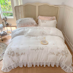 Yickyue Luxury Embroiderd Snow White Lace Bedding Set 4pcs 100% Cotton Korean Princess Wedding Duvet Cover Bed Sheet Linen Pillowcases