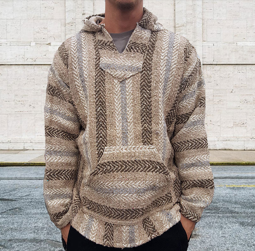 Hearujoy Vintage Ethnic Striped Knit Hooded Sweatshirt Men Fall Long Sleeve Big Pocket Hoodies Harajuku Top Pullover Coat Streetwear
