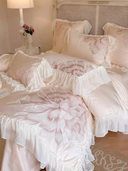 Yickyue Princess Long Stable Cotton Duvet Cover Set Four Piece Set French Flower Embroidery Quilt Cover Lace Bedding Set Bedsheets