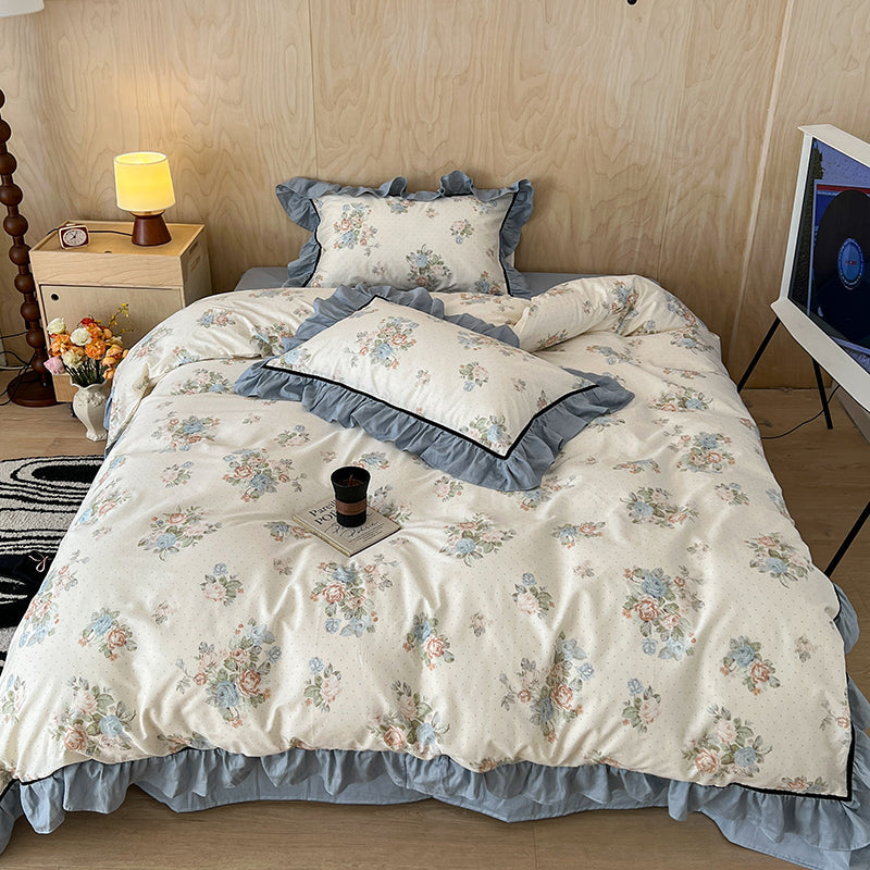 YICKYUE  -  3/4Pcs Flower Prints 100% Cotton Korean Princess Style Bedding Set Single Queen Duvet Cover Bed Sheet/Fitted Sheet Pillowcase