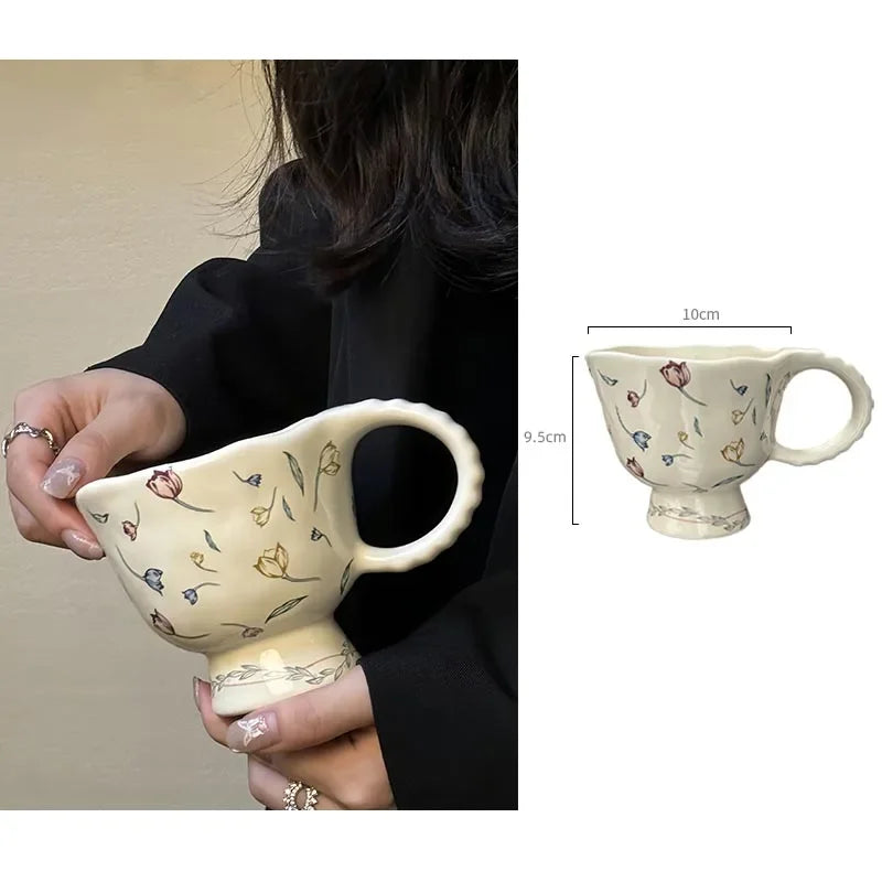 YICKYUE  -  Vintage Floral Ceramic Coffee Mug, Tall Water Cup, Restaurant Household Drinking Set, Kitchen and Dining Drinkware