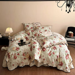YICKYUE  -  4Pcs Vintage French Floral Ruffles Bedding Set, 100% Cotton, Princess Duvet Cover Set, Quilted Bedspread, Bed Sheet, Pillowcases