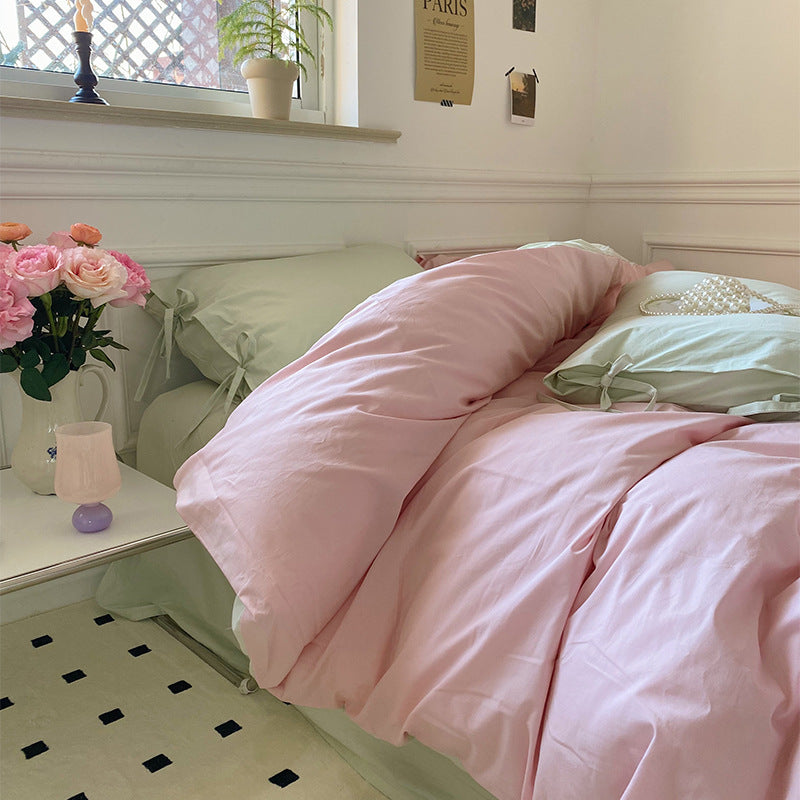 YICKYUE  -  All Cotton Washed Cotton Four-piece Set Soft Comfortable Bow Bedding