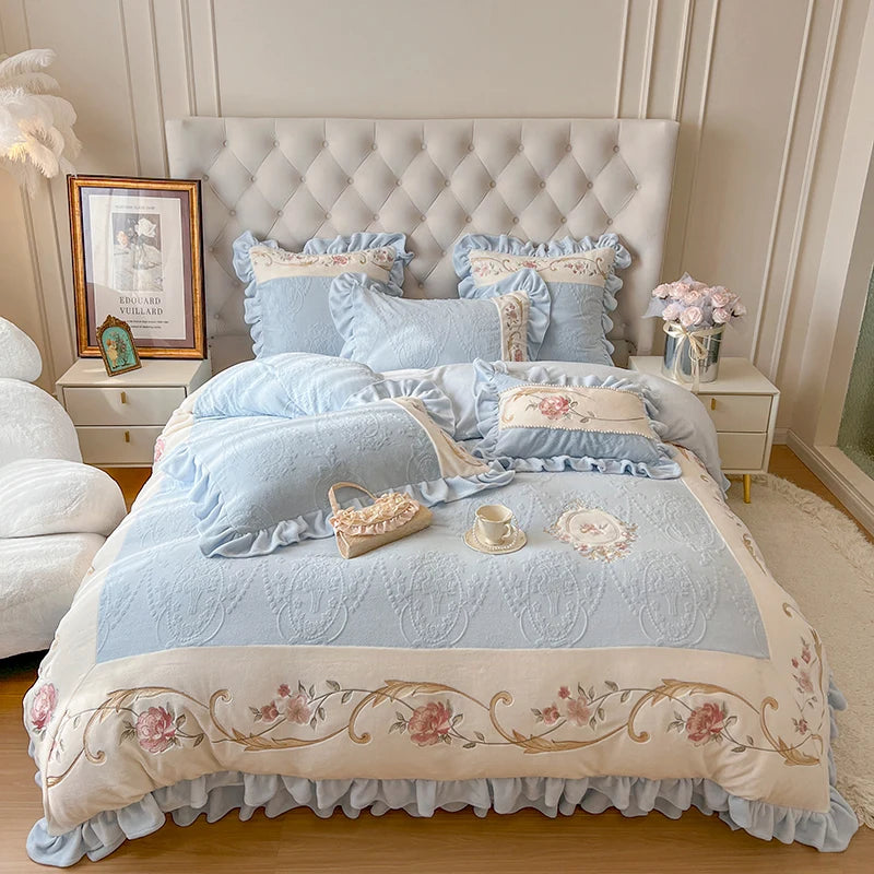 YICKYUE  -  Romantic French Vintage Carved Velvet Lace Ruffles Flowers Embroidery Bedding Set Velvet Fleece Duvet Cover Bed Sheet Pillowcase