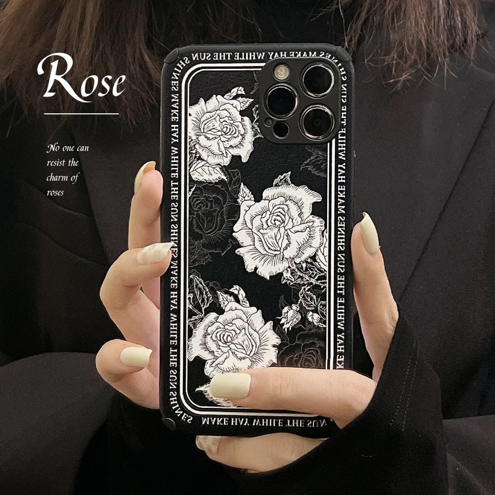 Retro White Rose Flower phone case for iphone 11 12 pro max 13 mini x xr xsmax 7 8 plus leather silicone soft shockproof cover