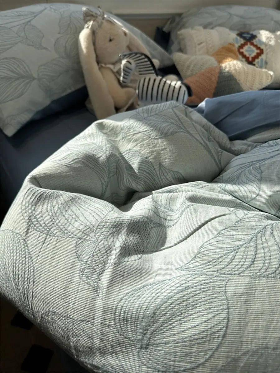 YICKYUE   -  Elegant pastoral leaf blue bedding set,twin full queen king vintage design cotton home textile bed sheet pillow case quilt cover