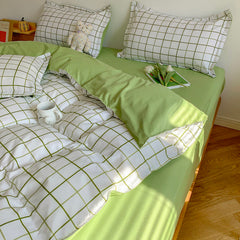 Fashion Bedding Set White Green Double Bed Linens Quilt Duvet Cover Pillowcase Queen Size Flat Sheet Classic Grid for Girl Boy