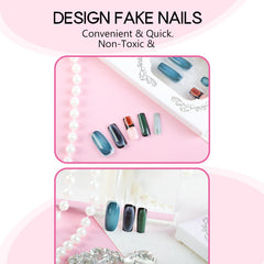 YICKYUE  -  24pcs French Flowers Pattern False Nails Blue Blush Design Fake Nail Patch Full Cover Wearable Long Ballet Coffin Press on Nails